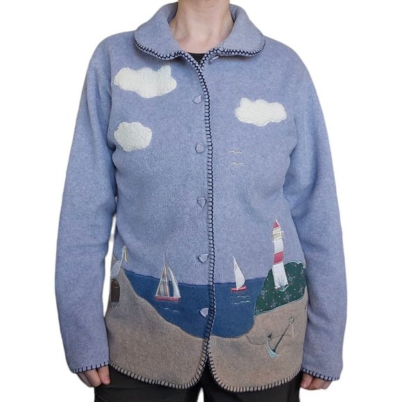 Retro 90s Coastal Grandma Lighthouse Fleece Jacket‎ Nautical S/M Beach Sailboat - Picture 1 of 14